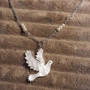 Handmade Pearlized Dove Of Peace Necklace With Pearl Look Beads White